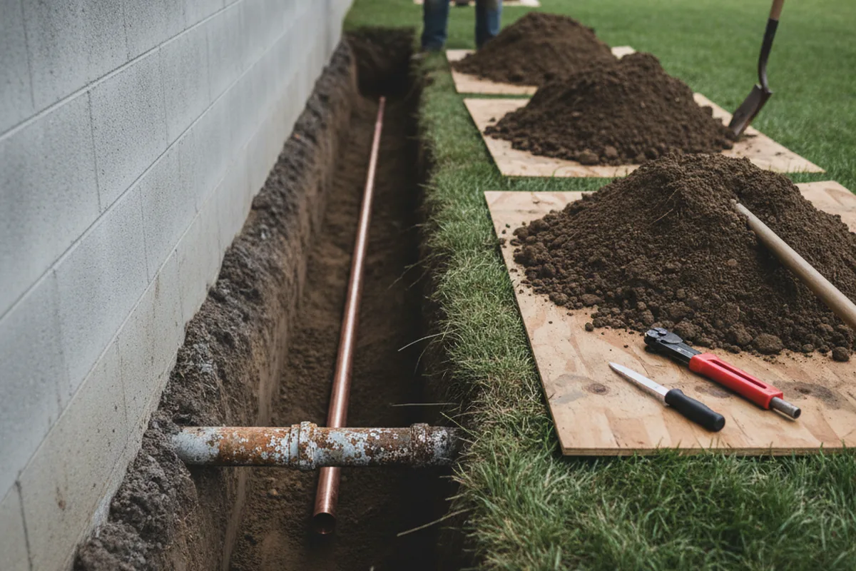 Excavated water line trench during Water Softener Installation in Castleton